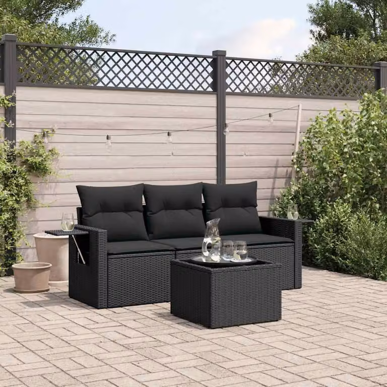 Set da giardino vidaXL composto da 4 pezzi in polyrattan nero con cuscini e tavolino da esterno
