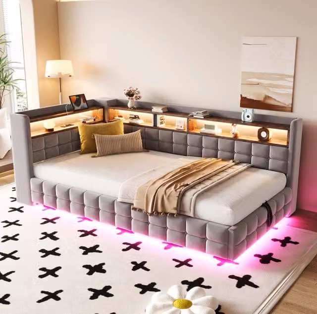 Divano letto imbottito 90x200 cm con contenitore; LED; USB e Type-C; velluto grigio chiaro
