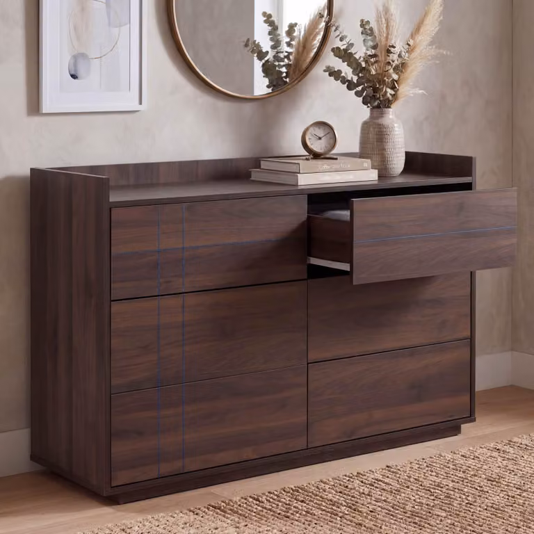 Comò HWC-P44, credenza, 6 cassetti con apertura a pressione, MDF 83x120x40 cm ~ effetto noce