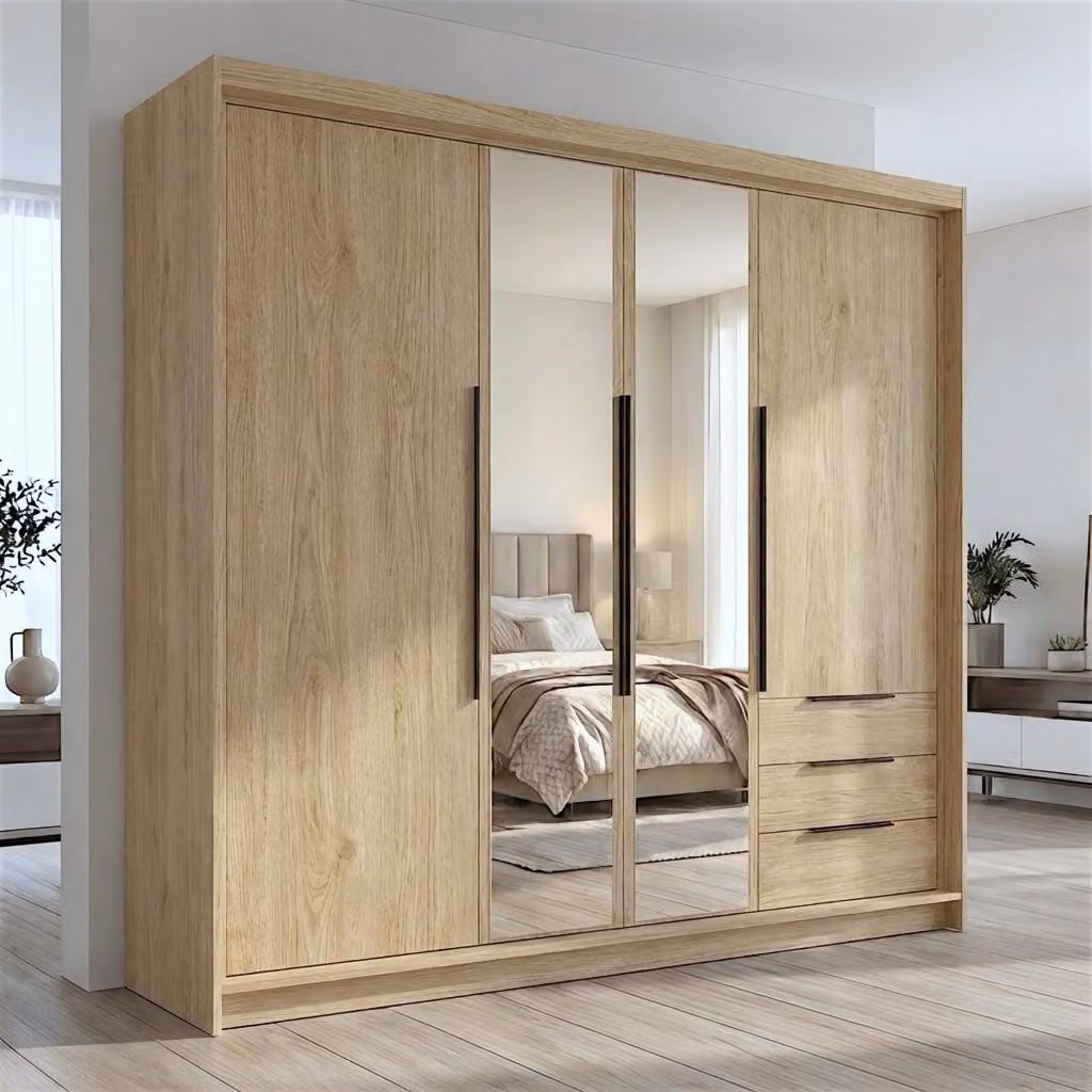 Spazioso armadio a quattro ante VIVO con cassetti e maniglie in metallo – design moderno