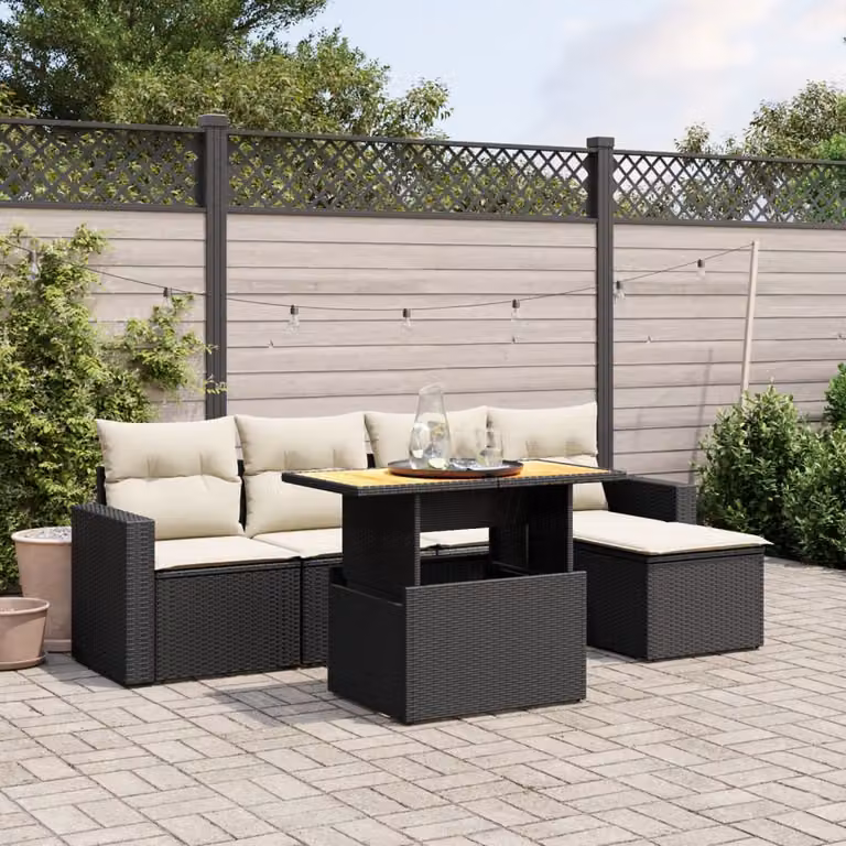 Set Divano da Giardino vidaXL 6 pz in Polyrattan Nero con Cuscini e Tavolino