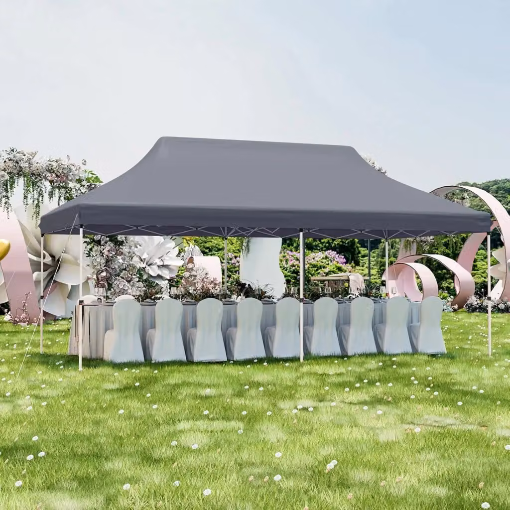 Gazebo Pieghevole da Giardino Pop-up Costway Grigio e Nero L: 600 cm, P: 300 cm, H: 316 cm con Protezione UPF 50+ e Struttura in Metallo – 2