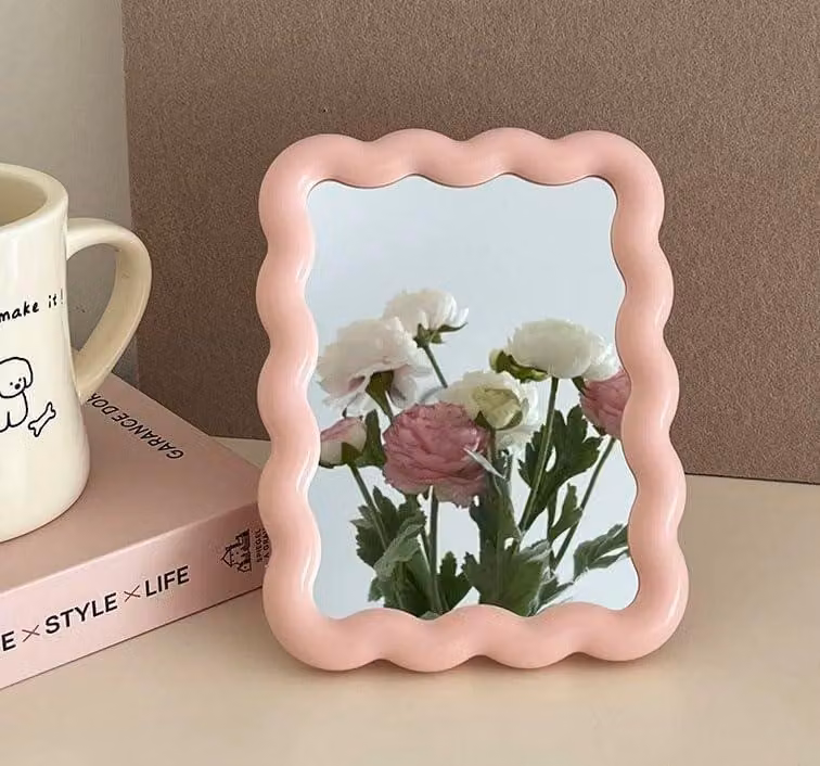 Specchio da trucco pieghevole, rosa, 17,7 x 13,7 cm, design moderno e romantico