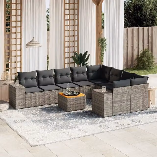 Set Divano da Giardino 10 pz con Cuscini Grigio in Polyrattan 3225605