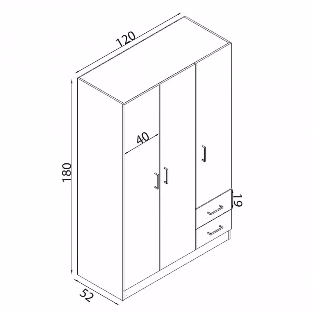 Armadio Cosma a 3 ante con 2 cassetti integrati Bianco L: 120 cm, P: 52 cm, H: 190 cm – 3