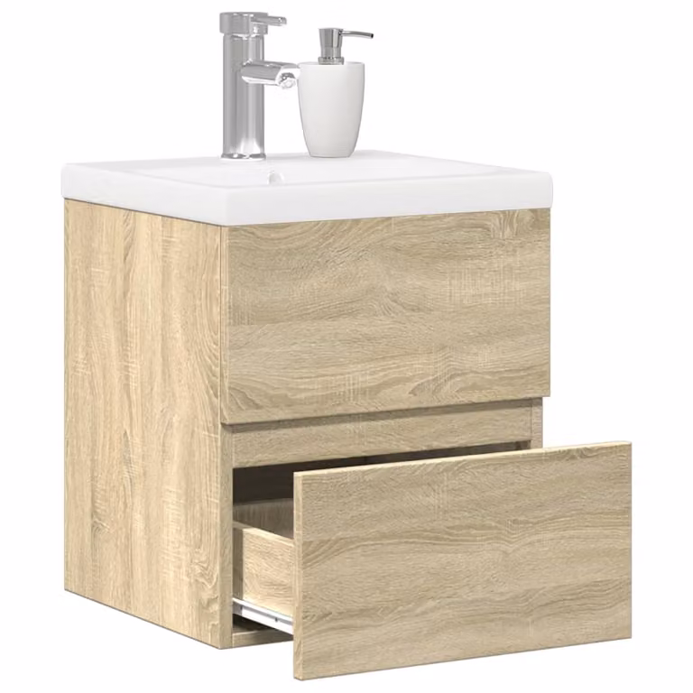Set di mobili da bagno vidaXL composto da 2 pezzi in legno multistrato, colore rovere e bianco, con pensile e mobile lavabo moderno L/P/H: 45,0 x 41,0 x 38,5 cm e 76,7 x 45,0 x 41,0 cm