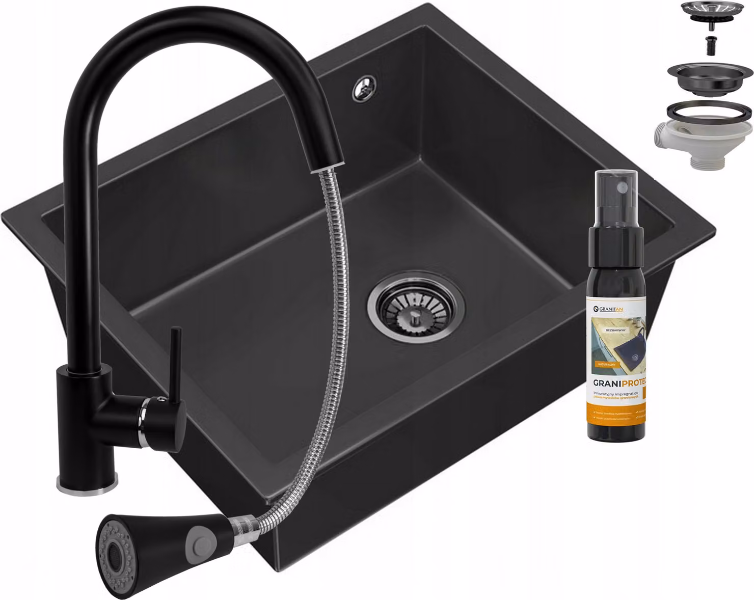 Granitan - Lavello in granito - Lavello da cucina - Lavello nero - con rubinetteria - Vasca di lavaggio - SALIX