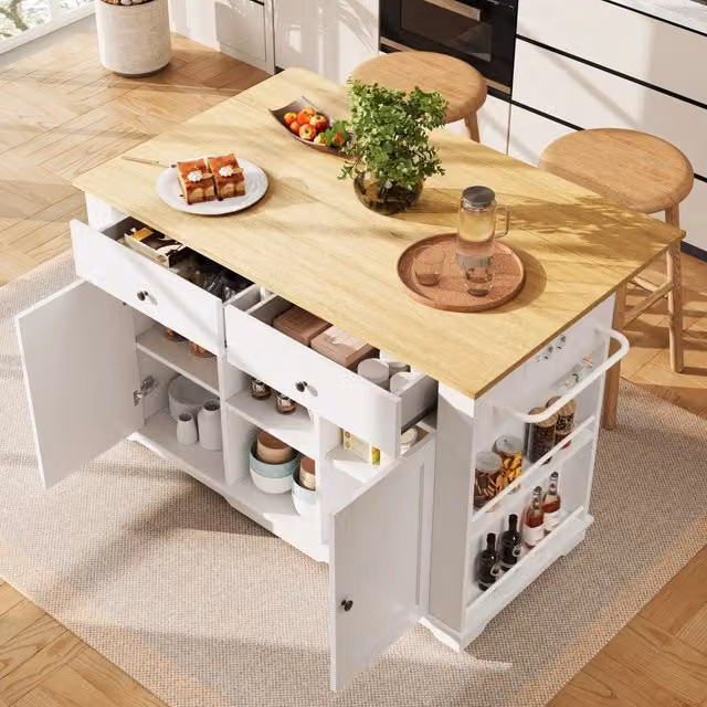 Isola cucina 137;9 x 73 x 92;5 cm con tavolo pieghevole; ruote girevoli a 360°; bianca