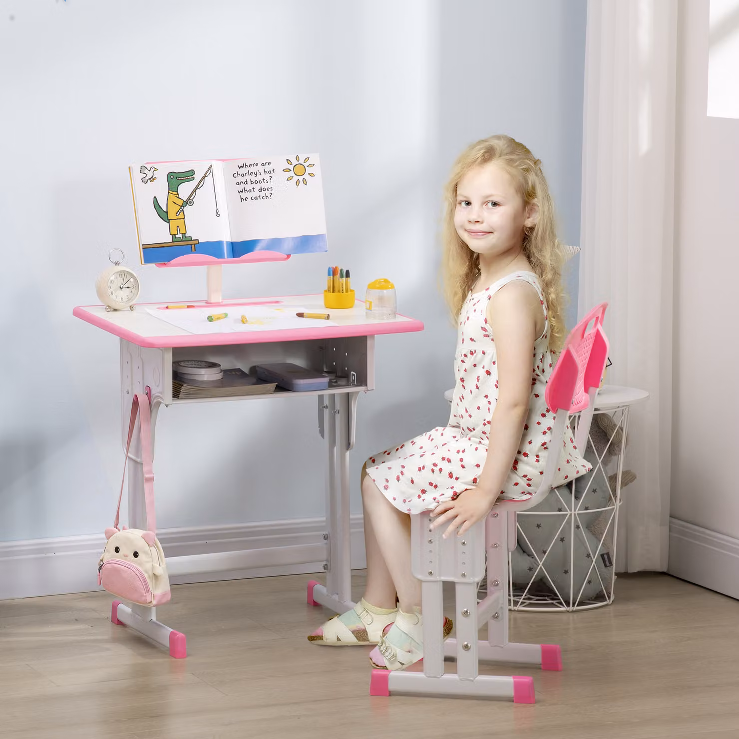 HOMCOM Banco Scuola con Sedia ad Altezza Regolabile per Bambini, Rosa, in Acciaio e MDF – 2