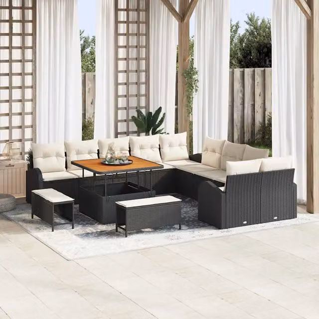 Set Divano da Giardino vidaXL a Forma di U con 13 Pezzi, Colore Nero e Beige