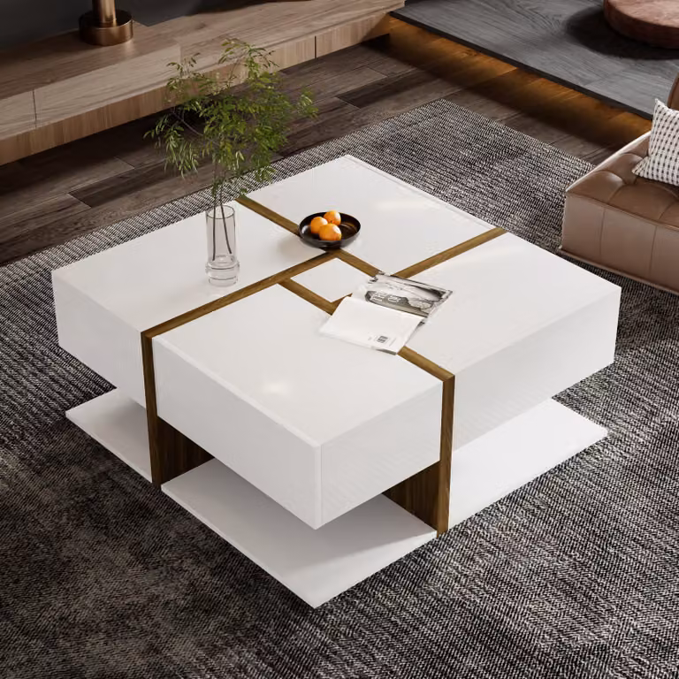 Tavolino Abrihome con 4 cassetti, lucido - tavolino 78×78×34,8 cm, bianco