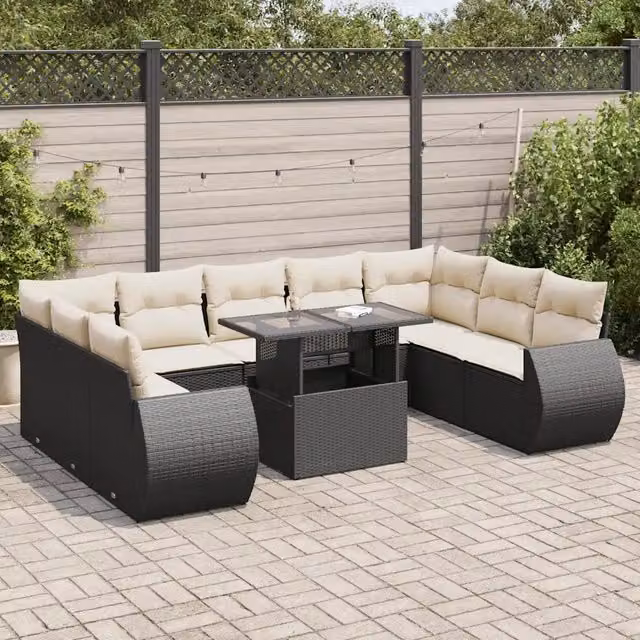 Set Divani da Giardino 10pz con Cuscini in Polyrattan Nero 3326697