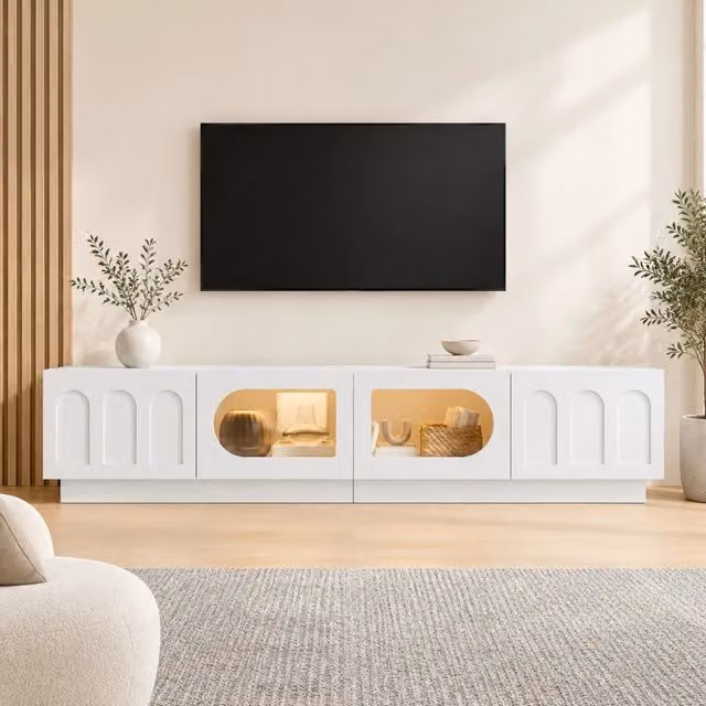 Mobile TV con ante in vetro ovale; LED RGB controllabile tramite app; 200x40x42 cm; bianco