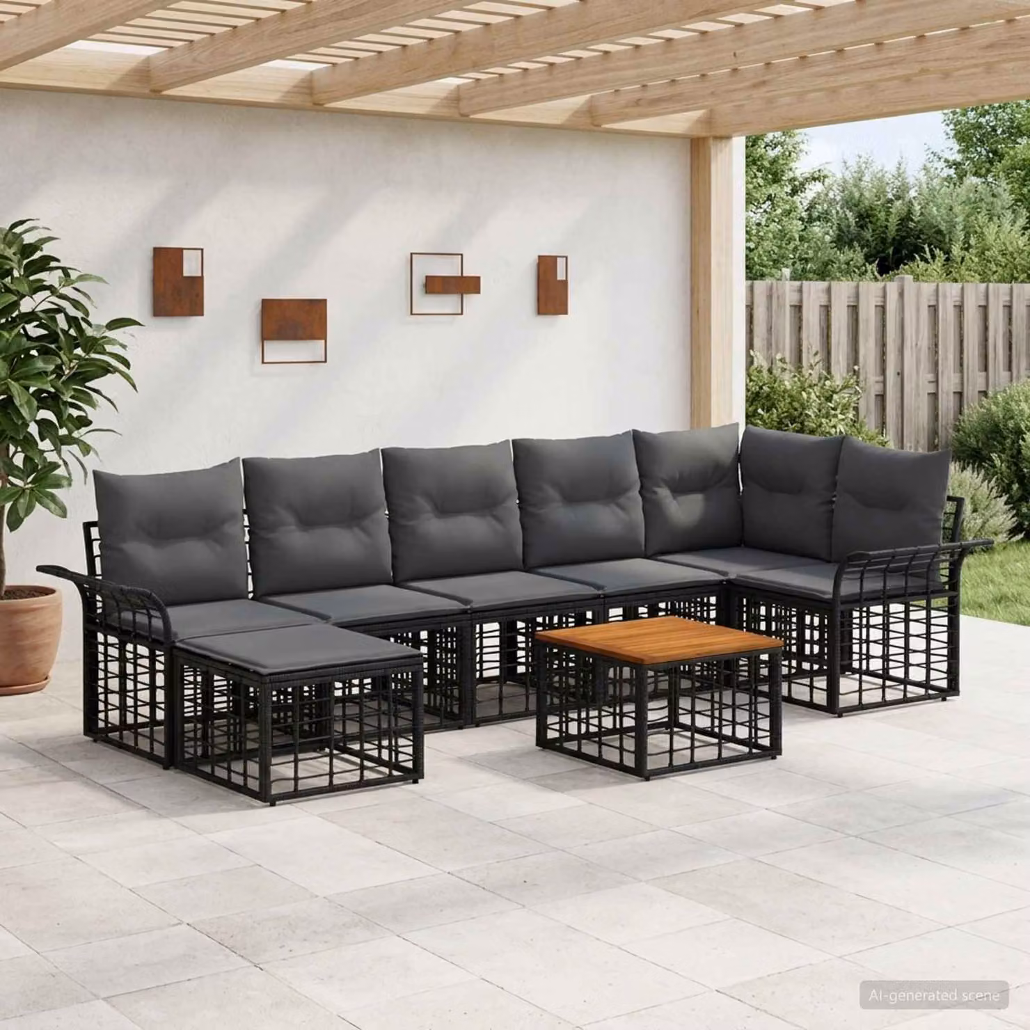 Set di divani da esterno vidaXL a forma di U composto da 8 pezzi con tavolino, elementi angolari e pouf, colore nero e grigio, struttura in acciaio verniciato a polvere e tessuto resistente ai raggi UV