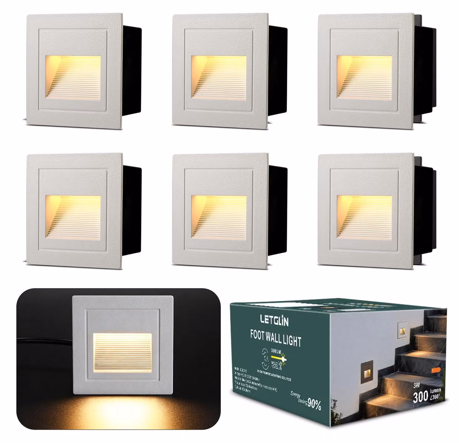 Set di 6 luci a LED per scale, 3W, 300 lumen, 3000K, grado di protezione IP65, dimensioni 85x85mm, colore bianco
