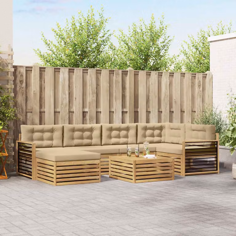 Set di divani da esterno vidaXL 7 pezzi in legno di acacia con cuscini, colore bianco, beige e marrone