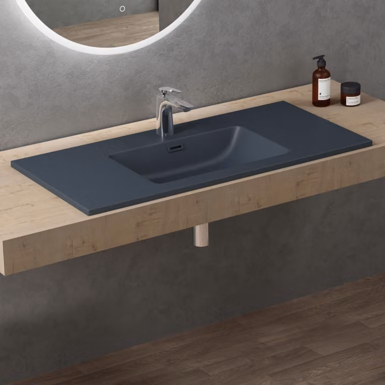 doporro Lavabo Integrale a Incasso Soprapiano 100x48x12 cm Rettangolare in Marmoresina Antracite Opaco, Lavabo Bagno da Appoggio con Foro Rubinetto e Troppopieno Colossum02