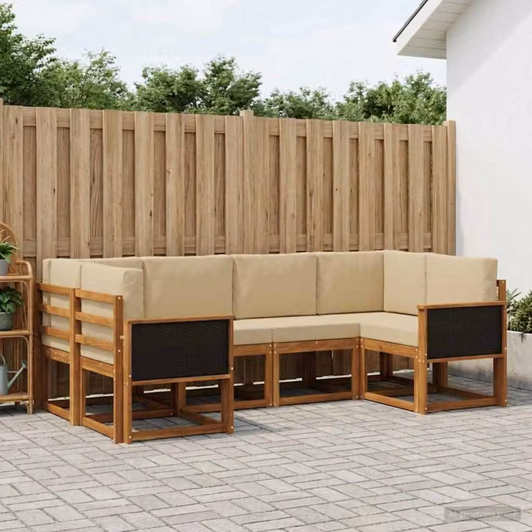 vidaXL Set di divani da esterno a L in legno di acacia con cuscini, Beige e Marrone