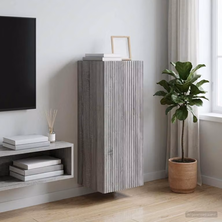 Mobiletto a muro moderno vidaXL in legno grigio con illuminazione LED e ripiani interni L/P/H: 33 x 34,5 x 90 cm