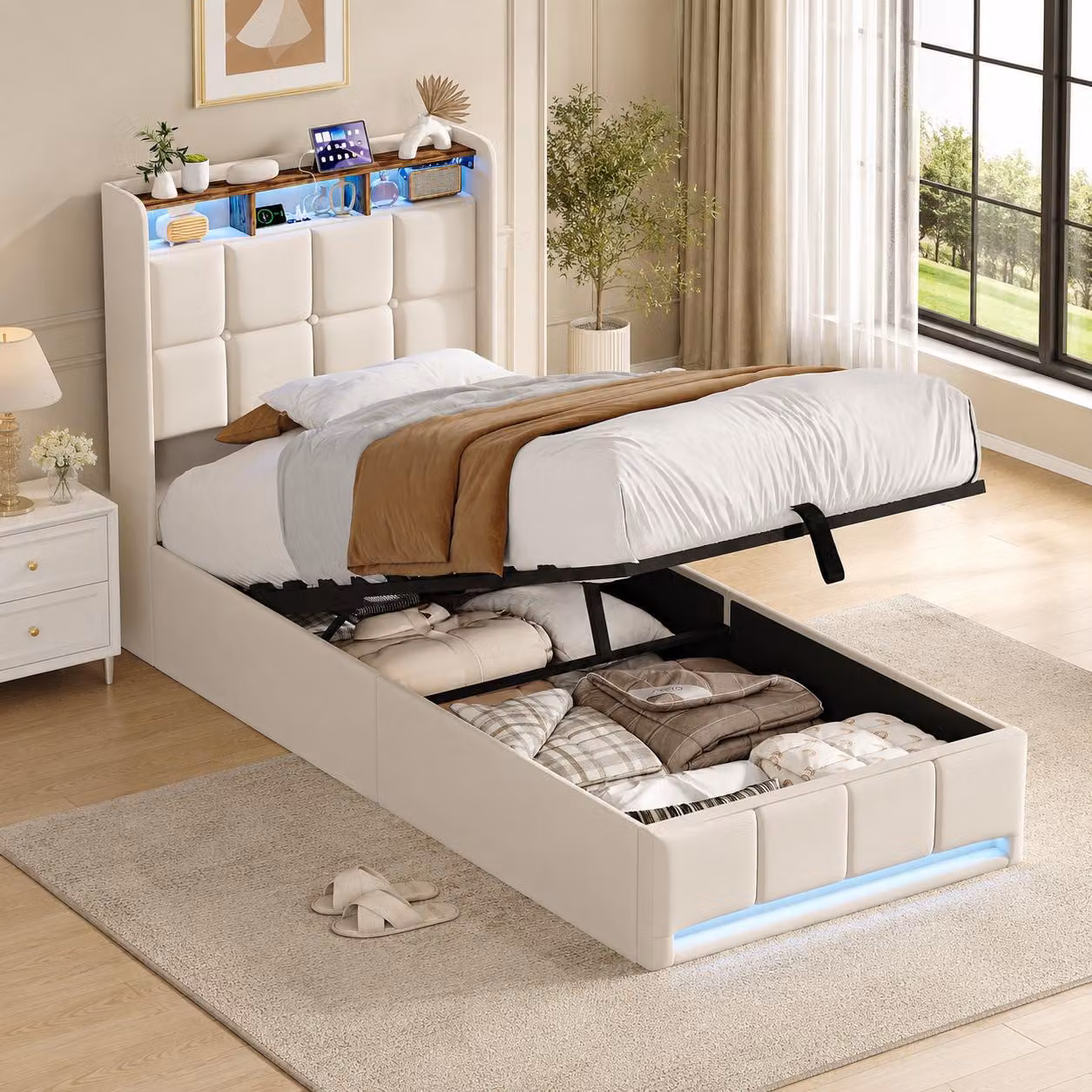 Letto imbottito INONEFT, 90x200 cm, con illuminazione LED e prese USB, letto singolo per ragazzi con spazio contenitore, testiera imbottita, struttura a molle (boxspring) idraulica, colore beige