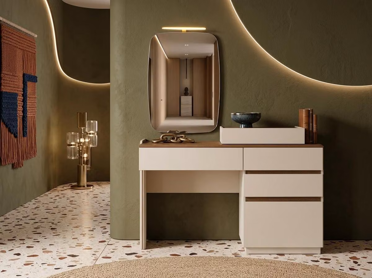 Comò da trucco moderno, bianco, in legno, con specchio a LED, ideale per la camera da letto