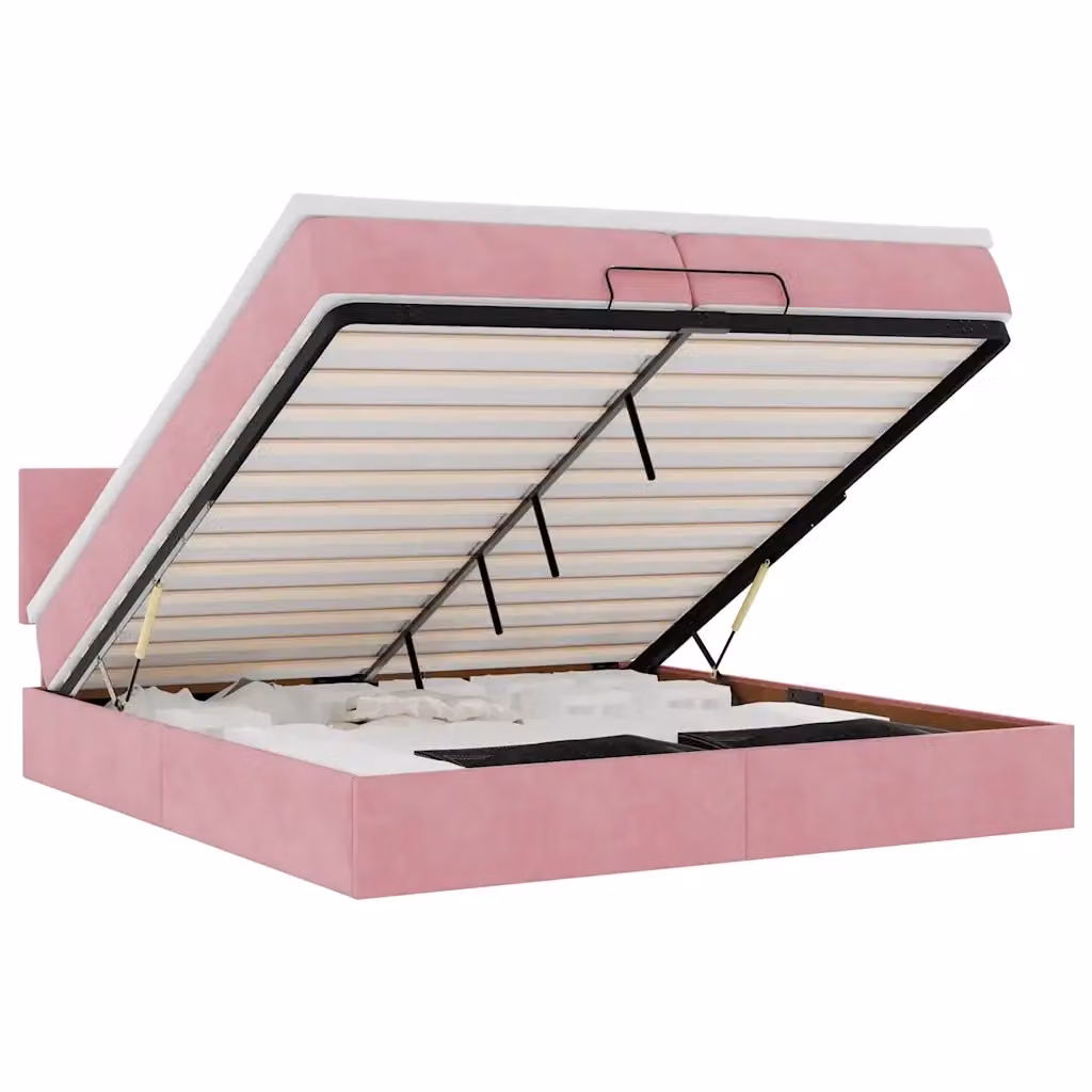 Struttura Letto con Contenitore e Pouf vidaXL in Velluto Rosa e Bianco, L 200 x P 200 x H 280 cm, con Base a Sollevamento, Illuminazione Sotto il Letto e Porte USB – 2