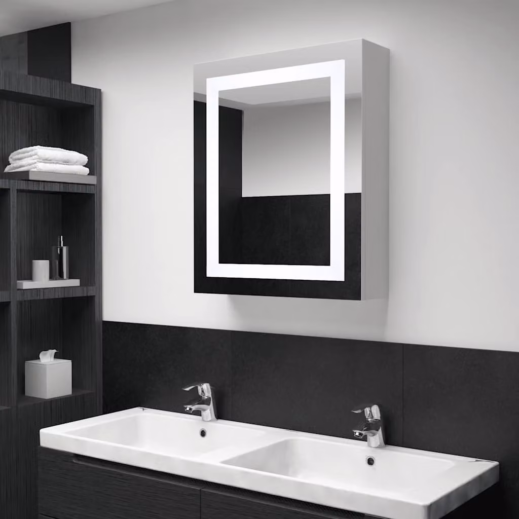 Armadietto da bagno con specchio e illuminazione LED vidaXL, moderno, bianco e argento, L: 50 cm, P: 13 cm, H: 70 cm