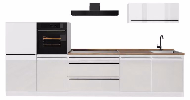 Cucina componibile Vicco R-Line Bianco lucido/Bianco 340 cm piano di lavoro Rovere dorato, Model 66550