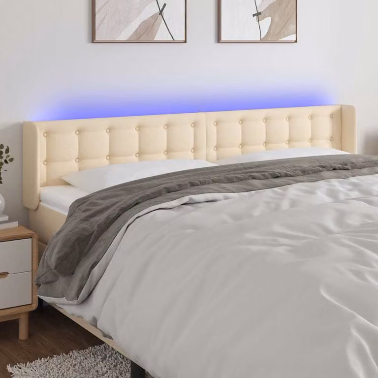 Testiera per letto vidaXL in tessuto beige con illuminazione LED e porta di ricarica USB, L: 183 cm, P: 16 cm, H: 78-88 cm