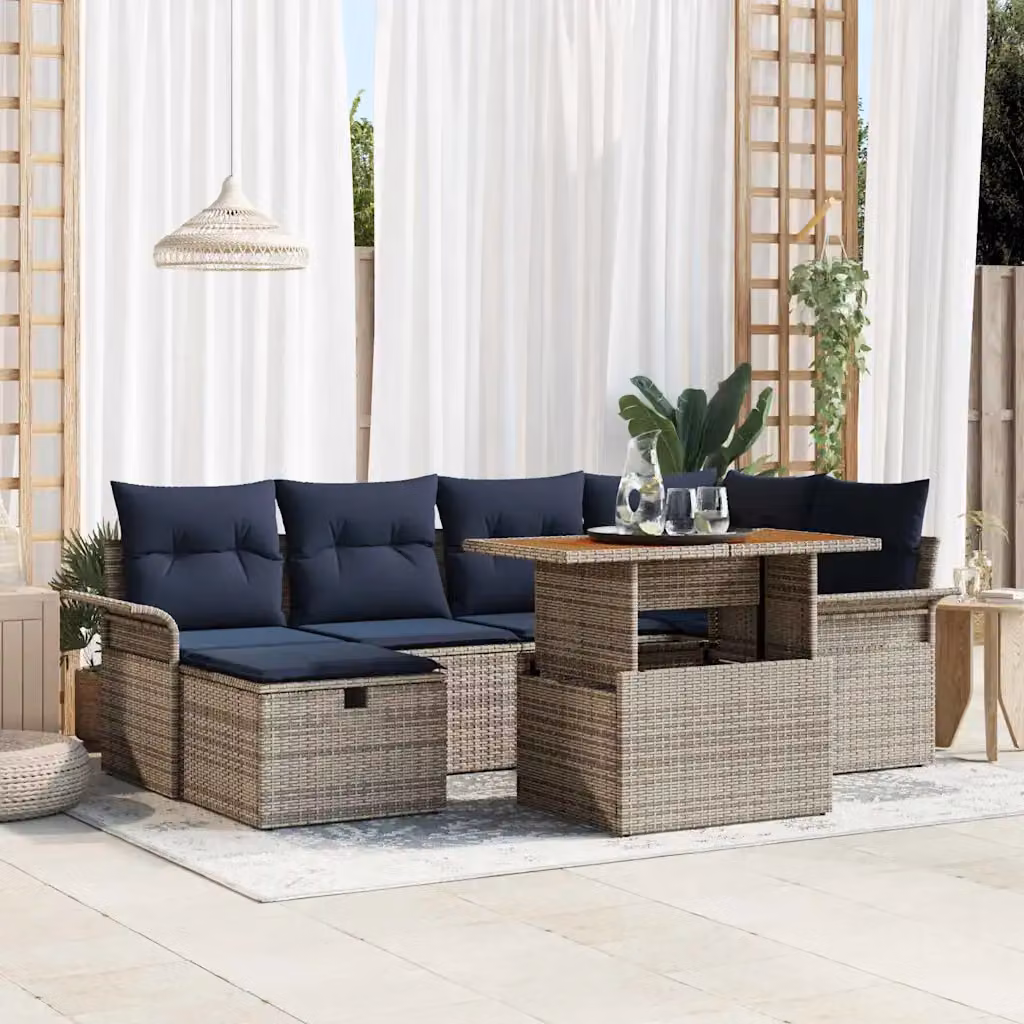 Set Divano da Giardino vidaXL 7 pz Grigio con Cuscini e Tavolino in Polyrattan e Acciaio