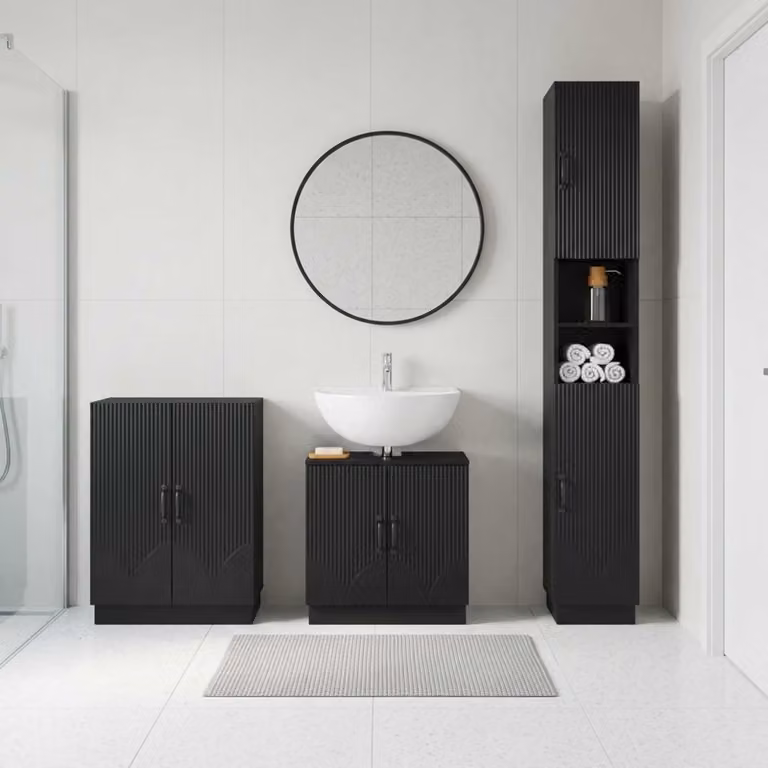 Set di armadietti da bagno moderni vidaXL HOORN in 3 pezzi, colore nero opaco, con mobile lavabo e pensili