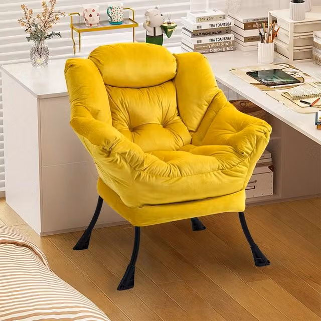 Poltrona Relax MINIMAL in Velluto Giallo con Struttura in Metallo e Tasca Laterale, Stile Moderno