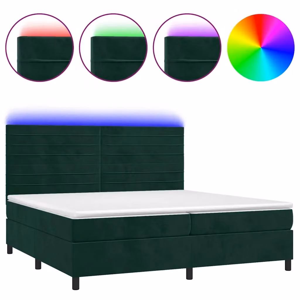 Letto matrimoniale con materasso ibrido vidaXL in velluto verde scuro con illuminazione LED sottostante e porte USB, L 200 cm x P 200 cm x H 203 cm – 2