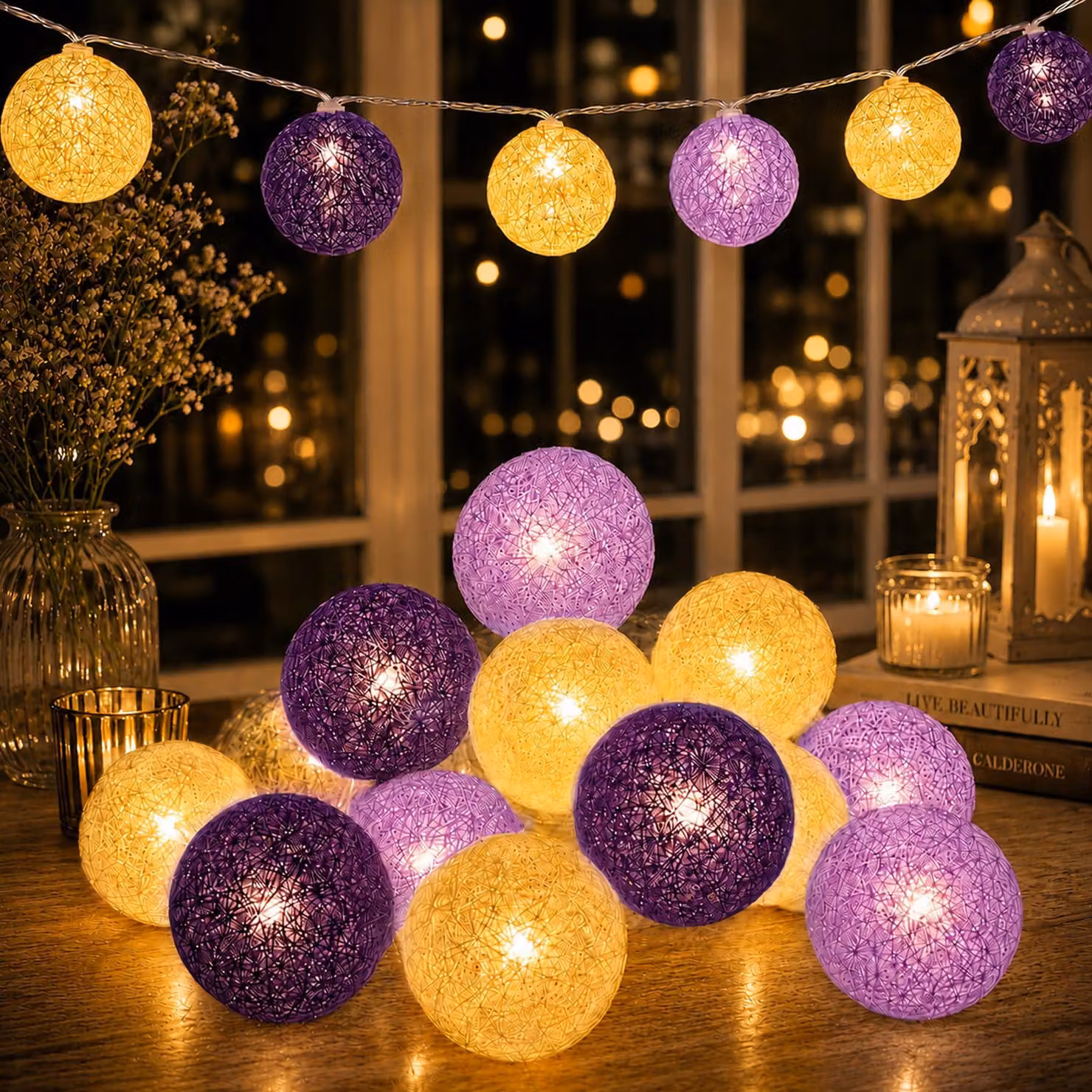 Catena luminosa a LED con palline di cotone, lunghezza 300 cm, 20 LED, 2 modalità
