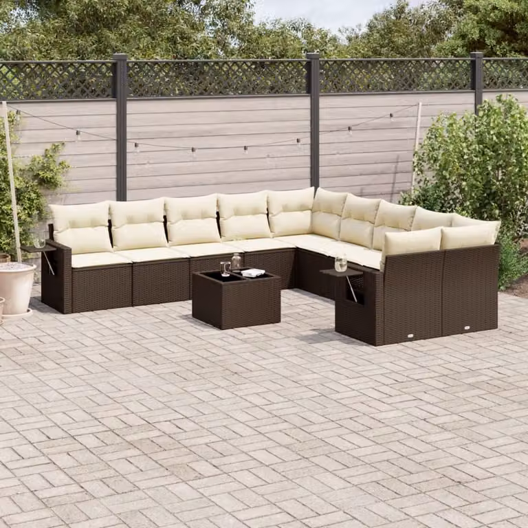 vidaXL Set Divani da Giardino 11 pz a Forma a L con Cuscini Marrone e Bianco in Polyrattan e Metallo