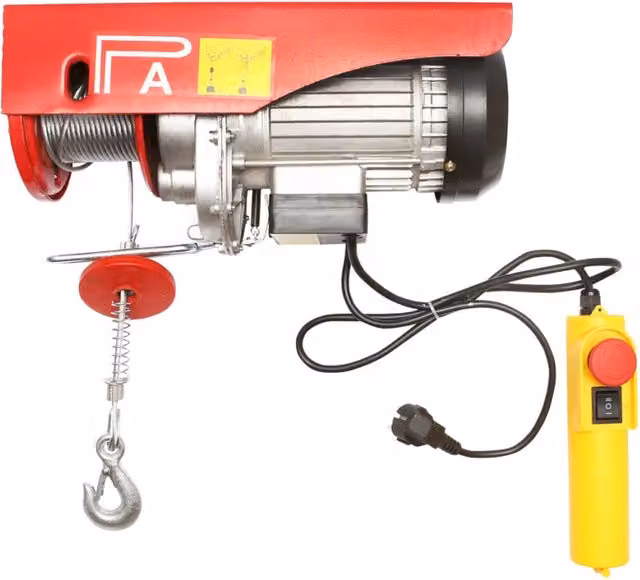 Paranco elettrico rosso con motore da 850W, carico massimo 200/400kg, velocità 5-10m/min e altezza di sollevamento 6-12m, protezione IP40