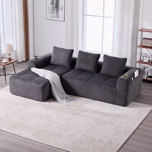 Divano Compatto in Tessuto a Coste con Cuscini ¨C MINIMAL ¨C Grigio Scuro