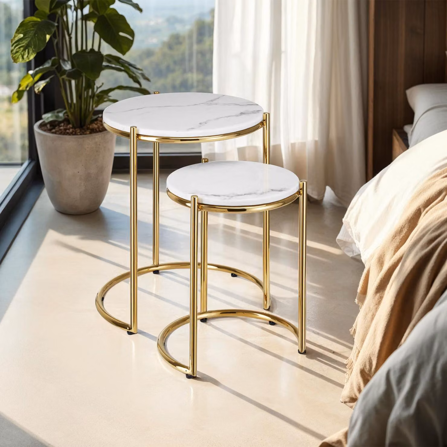 Set di 2 tavolini moderni tectake con piano rotondo effetto marmo bianco e struttura in metallo oro per soggiorno o camera da letto – 3