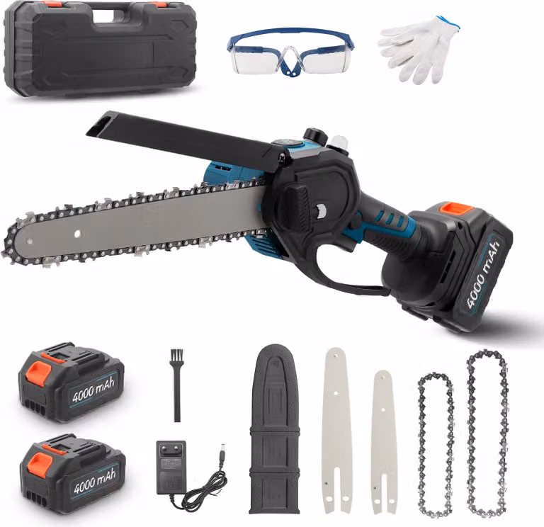 Mini motosega - Motosega a batteria - 950 W - 2 batterie - Lama intercambiabile da 15/20 cm - Per legno/rami - Rosso