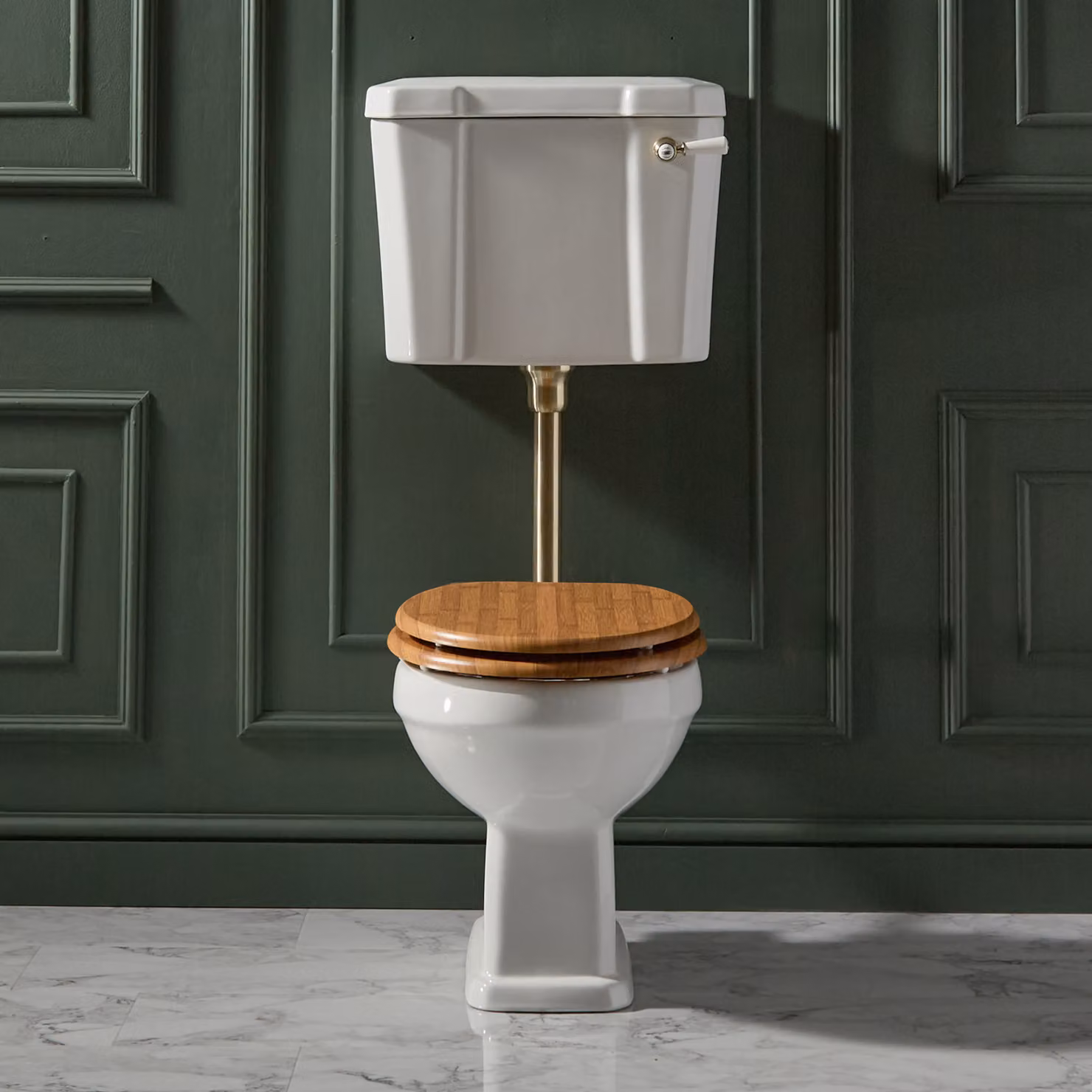 Sanitario WC Tradizionale con Cassetta - Kit di Scarico in Oro Satinato e Copriwater Color Rovere - Richmond