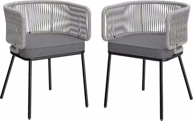 Set di 2 poltrone da giardino Xylo con corde intrecciate e cuscini grigio chiaro, L: 46 cm, P: 58 cm, H: 72 cm
