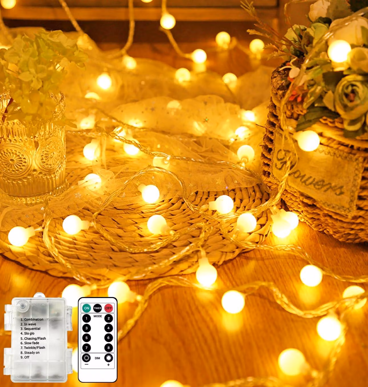 Catena luminosa a LED, 10 metri, 100 LED, luce bianco caldo, alimentazione a batteria, grado di protezione IP45