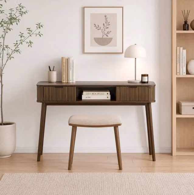 Tavolo consolle in stile Mid-Century con 2 cassetti e vano aperto; finitura noce