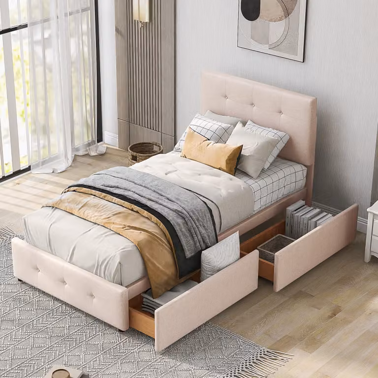 Letto per bambini STILVORA, 90x200 cm, letto singolo con rete a doghe. Letto per adolescenti, divano letto semplice con schienale e due cassetti, senza materasso, color beige scuro