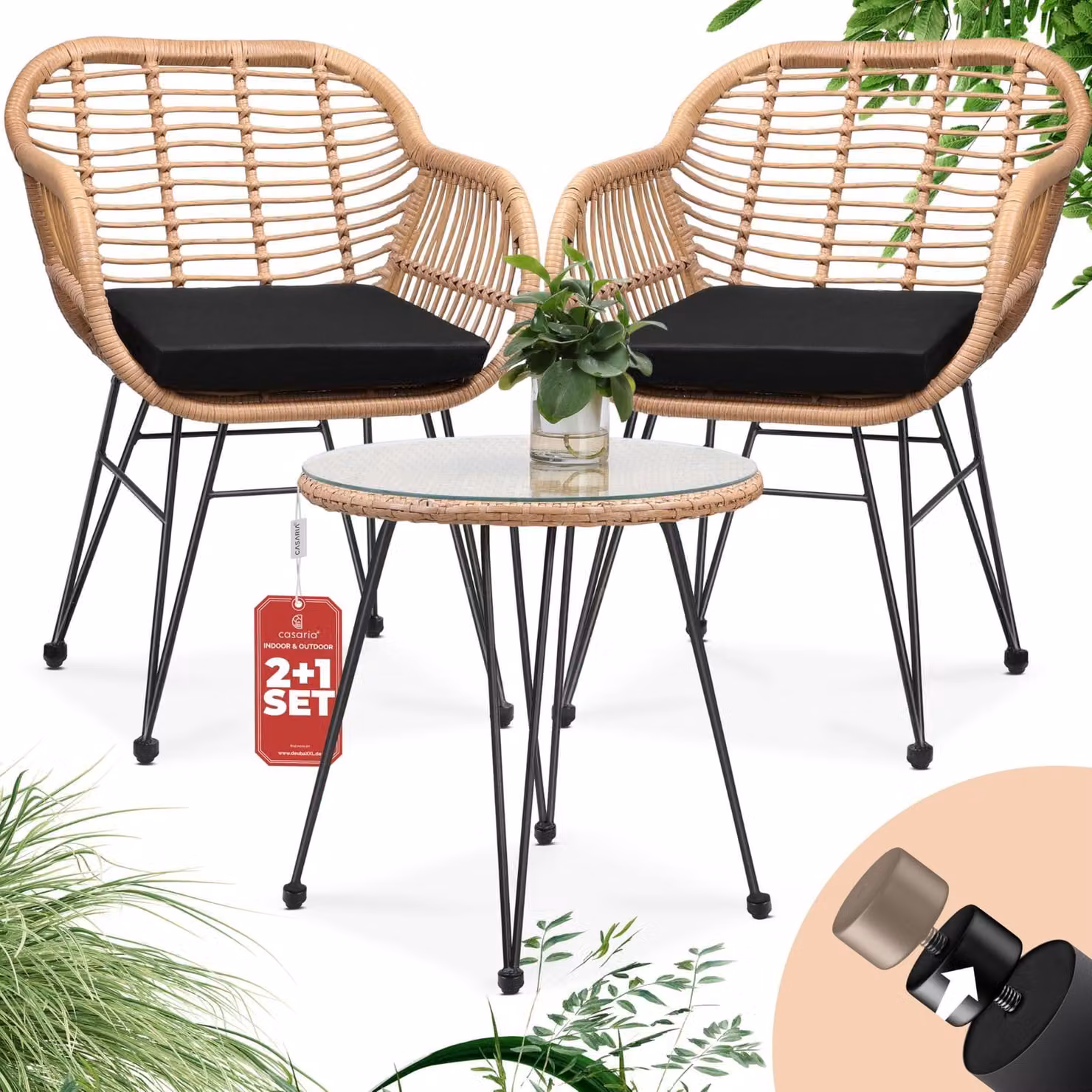 Set da giardino - 3 pezzi - Aspetto in rattan - Naturale e nero - Altezza regolabile - Per terrazzo e balcone