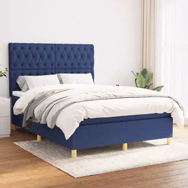 Letto Ibrido vidaXL con Giroletto a Molle e Materasso in Tessuto Blu e Bianco L/P/H: 140 x 190 x 40 cm – 1