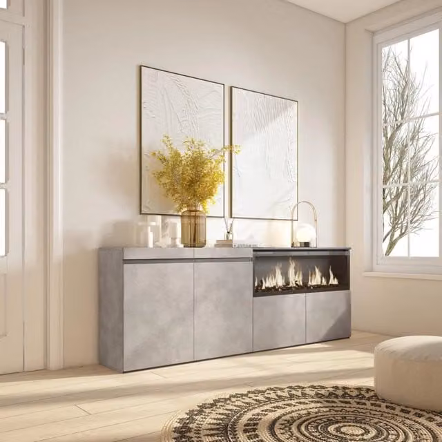 Credenza, Mobile, 208x35x75cm, 4 Porte, Camino elettrico XXL, grigio cemento RF3233