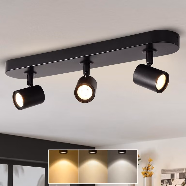 ANWIO, plafoniera a 3 luci, nera, dimmerabile, con faretti LED orientabili GU10, plafoniera rotante, moderna, ideale per cucina, camera da letto, soggiorno, con lampadine incluse (EUCS-LG11A)