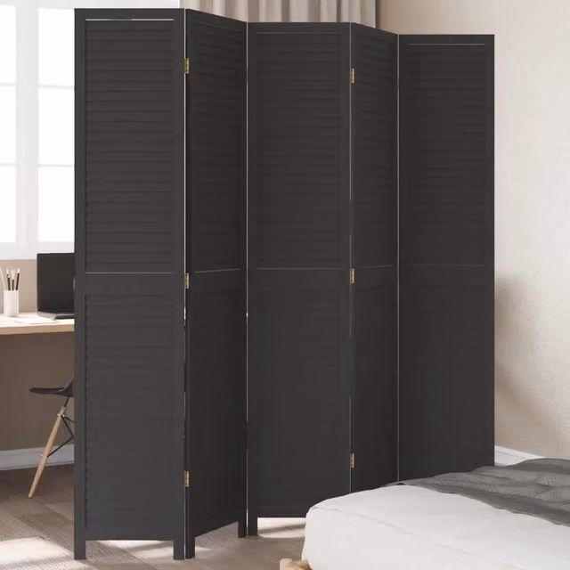 Divisorio Ambienti vidaXL a 5 Pannelli in Legno di Paulownia e Metallo Nero Opaco H: 180 cm, L: 200 cm