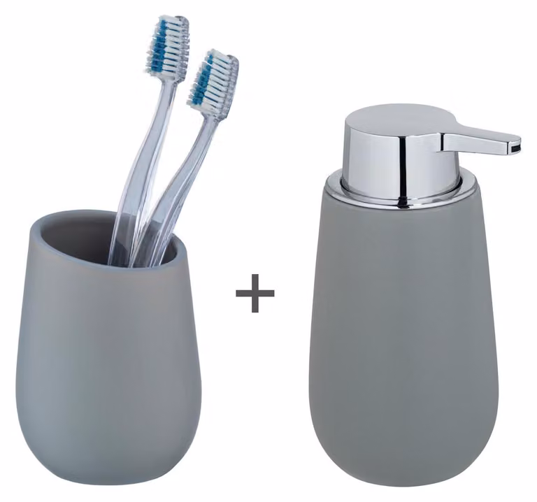 Set da bagno WENKO, modello Badi, composto da 2 accessori: 1 dispenser per sapone ricaricabile con una capacità massima di 320 ml di sapone liquido e 1 portaspazzolino da denti, realizzato in Vetroceramica con finitura opaca, colore grigio